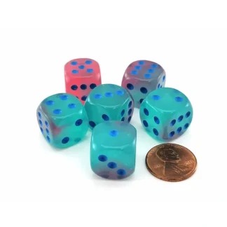 Luminary Gemini 16mm D6 Dice, 6 Pieces - Gel Green-Pink with Blue Numbers - Your Source for Gaming Essentials New