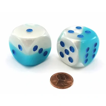 Luminary Gemini 30mm Large D6 Dice, 2 Pieces - Pearl Turquoise-White with Blue - Your Source for Gaming Essentials Fashion