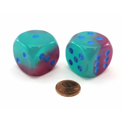 Luminary Gemini 30mm Large D6 Dice, 2 Pieces - Gel Green-Pink with Blue Pips - Your Source for Gaming Essentials Best