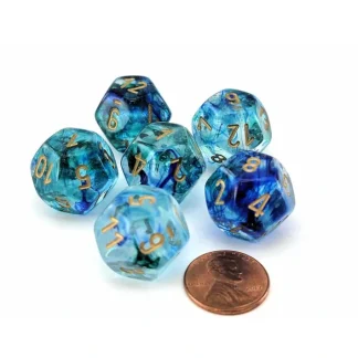 Luminary Nebula 18mm D12 Chessex Dice, 6 Pieces - Oceanic with Gold Numbers - Your Source for Gaming Essentials Outlet