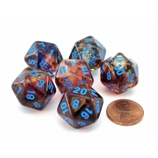Luminary Nebula 20mm D20 Chessex Dice, 6 Pieces - Primary with Blue Numbers - Your Source for Gaming Essentials Online