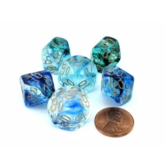 Luminary Nebula 16mm Tens D10 (00-90) Dice, 6 Pieces - Oceanic with Gold - Your Source for Gaming Essentials Hot
