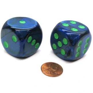 Lustrous 30mm Large D6 Chessex Dice, 2 Pieces - Dark Blue with Green Pips - Your Source for Gaming Essentials Fashion