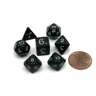 Mini Polyhedral 7 Piece Opaque Dice Set Small 11mm Die - Black with Light-Blue - Your Source for Gaming Essentials Clearance