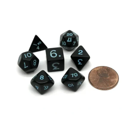 Mini Polyhedral 7 Piece Opaque Dice Set Small 11mm Die - Black with Light-Blue - Your Source for Gaming Essentials Clearance