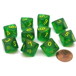 Pack of 10 Chessex Borealis D10 Dice - Maple Green with Yellow Numbers - Your Source for Gaming Essentials Hot