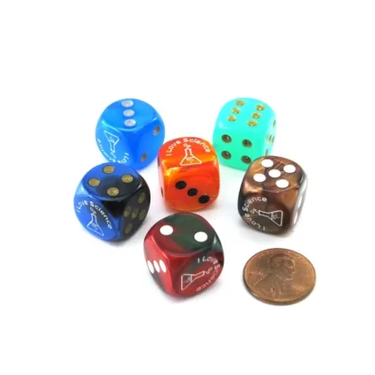 Pack of 6 Custom Engraved 16mm Assorted Style Funny Meme Dice - I Love Science - Your Source for Gaming Essentials Discount