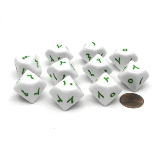 Pack of 10 D10 Arabic Word Number Dice, 1 to 10 - White with Green Words - Your Source for Gaming Essentials Outlet
