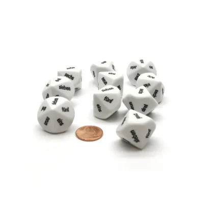 Pack of 10 D10 German Word Number Dice, 1 to 10 - White with Black Words - Your Source for Gaming Essentials Outlet