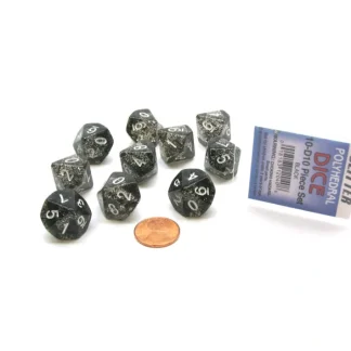 Pack of 10 D10 Glitter Dice in Display Case- Black with White Numbers - Your Source for Gaming Essentials Sale