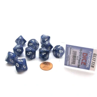 Pack of 10 D10 Glitter Dice in Display Case- Blue with White Numbers - Your Source for Gaming Essentials Clearance