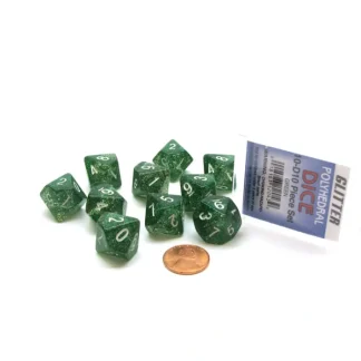 Pack of 10 D10 Glitter Dice in Display Case- Green with White Numbers - Your Source for Gaming Essentials Cheap