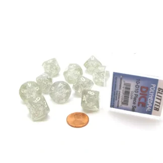 Pack of 10 D10 Glitter Dice in Display Case- Clear with White Numbers - Your Source for Gaming Essentials Best