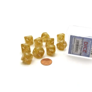 Pack of 10 D10 Glitter Dice in Display Case- Yellow with White Numbers - Your Source for Gaming Essentials Store