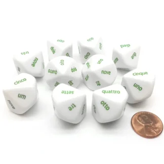 Pack of 10 D10 Italian Word Number Dice, 1 to 10 - White with Green Words - Your Source for Gaming Essentials Outlet