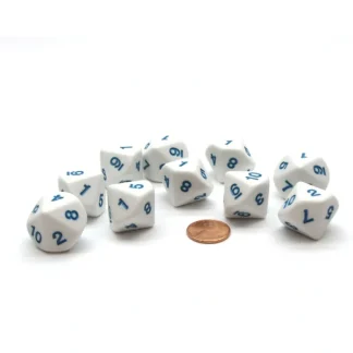 Pack of 10 D10 20mm Dice Numbered 1 to 10 - White with Blue Numbers - Your Source for Gaming Essentials Sale