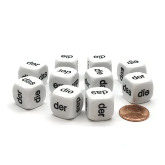 Pack of 10 D6 16mm German Article Dice - White with Black Words - Your Source for Gaming Essentials Clearance