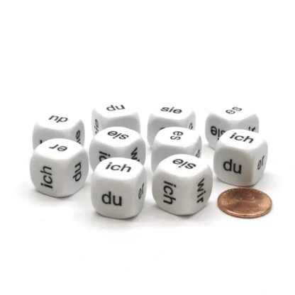 Pack of 10 D6 16mm German Pronoun Dice - White with Black Words - Your Source for Gaming Essentials Store