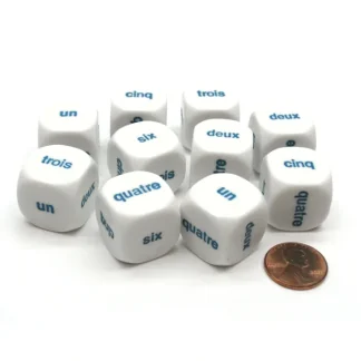 Pack of 10 D6 20mm Numbered 1 to 6 French Word Dice - White with Blue Words - Your Source for Gaming Essentials Clearance