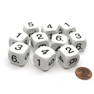 Pack of 10 D6 20mm Numbered 1 to 6 Dice - White with Black - Your Source for Gaming Essentials Clearance