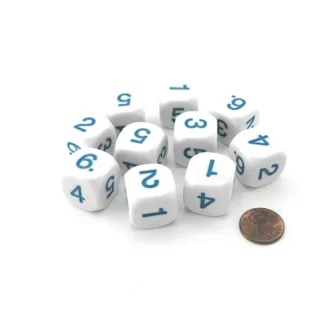 Pack of 10 D6 20mm Round Opaque Numbered 1 to 6 Dice - White with Blue Numbers - Your Source for Gaming Essentials Best