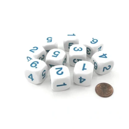 Pack of 10 D6 20mm Round Opaque Numbered 1 to 6 Dice - White with Blue Numbers - Your Source for Gaming Essentials Best