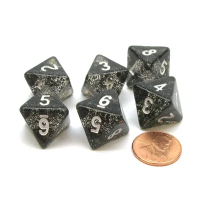 Pack of 6 D8 8-Sided Glitter Dice - Black with White Numbers - Your Source for Gaming Essentials Sale