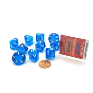 Pack of 10 D10 Transparent Dice in Display Case - Blue with White Numbers - Your Source for Gaming Essentials Best Sale