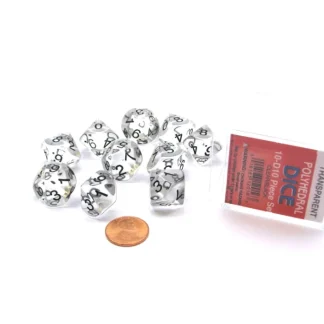 Pack of 10 D10 Transparent Dice in Display Case - Clear with Black Numbers - Your Source for Gaming Essentials Discount