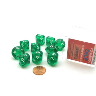 Pack of 10 D10 Transparent Dice in Display Case - Green with White Numbers - Your Source for Gaming Essentials Best