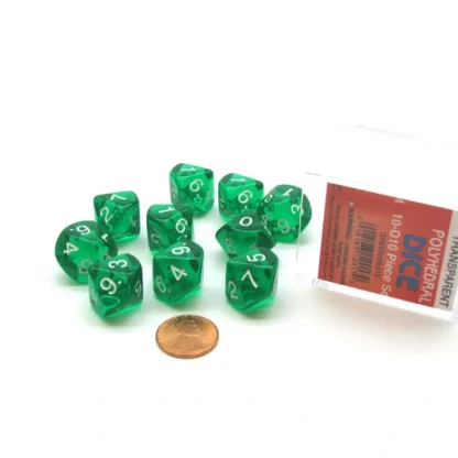 Pack of 10 D10 Transparent Dice in Display Case - Green with White Numbers - Your Source for Gaming Essentials Best