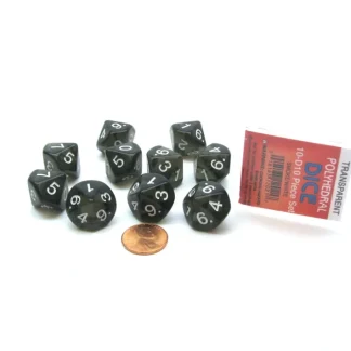 Pack of 10 D10 Transparent Dice in Case - Smoke (Black) with White Numbers - Your Source for Gaming Essentials Clearance