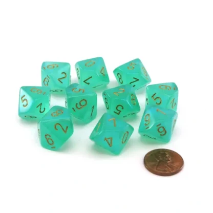 Pack of 10 Luminary Borealis 16mm D10 Dice - Light Green with Gold Numbers - Your Source for Gaming Essentials Flash Sale