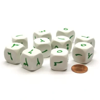 Pack of 10 20mm D6 Arabic Numbers Numbered 1 to 6 - White with Green Etches - Your Source for Gaming Essentials Online