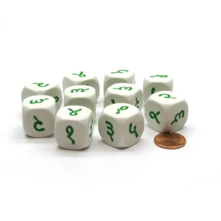 Pack of 10 20mm D6 Hindi Numbers 1 to 6 - White with Green Etches - Your Source for Gaming Essentials Sale