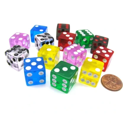 Pack of 14 16mm D6 Transparent Dice- 2 of Red Clear Green Black Blue Pink Yellow - Your Source for Gaming Essentials Flash Sale