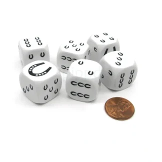Pack of 6 20mm Koplow Games Horseshoe Lucky Dice - White with Black Etches - Your Source for Gaming Essentials Outlet