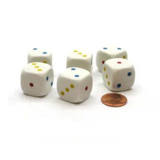 Pack of 6 20mm 6-Sided D3 Dice Numbered 1-3 Twice - White with Multicolored Pips - Your Source for Gaming Essentials Store
