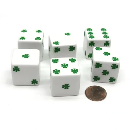 Pack of 6 Shamrock D6 25mm Large Jumbo Dice - White with Green Pips - Your Source for Gaming Essentials Online
