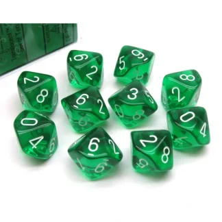 Pack of 10 Translucent Chessex 10-Sided D10 Dice - Green with White Numbers - Your Source for Gaming Essentials Cheap
