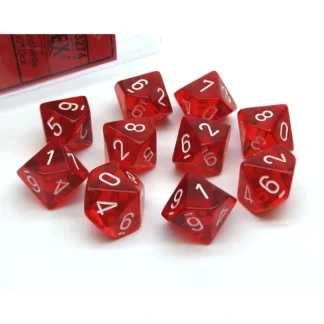 Pack of 10 Translucent Chessex 10-Sided D10 Dice - Red with White Numbers - Your Source for Gaming Essentials Discount