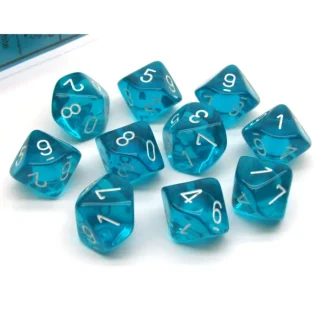 Pack of 10 Translucent Chessex 10-Sided D10 Dice - Teal with White Numbers - Your Source for Gaming Essentials Sale