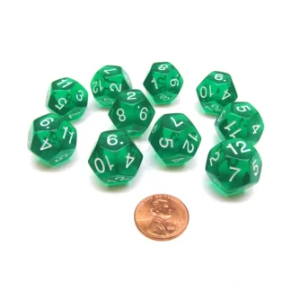 Pack of 10 Transparent 12 Sided D12 20mm Dice - Green - Your Source for Gaming Essentials New