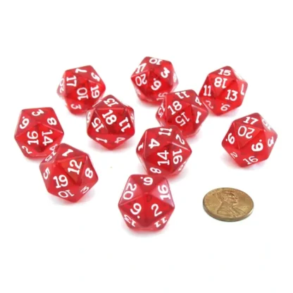 Pack of 10 Transparent 20 Sided D20 20mm Dice - Red - Your Source for Gaming Essentials Online