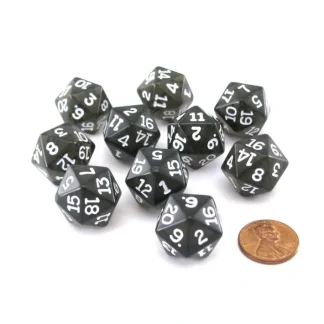 Pack of 10 Transparent 20 Sided D20 20mm Dice - Smoke - Your Source for Gaming Essentials New