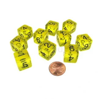 Pack of 10 Transparent 6-Sided D6 16mm Numbered Dice - Yellow - Your Source for Gaming Essentials New