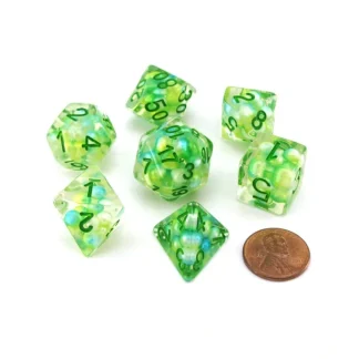 Pearl Resin 16mm 7-Die Polyhedral Dice Set - Sea Foam with Green Numbers - Your Source for Gaming Essentials New