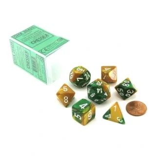 Polyhedral 7-Die Gemini Chessex Dice Set - Gold-Green with White Numbers - Your Source for Gaming Essentials Cheap