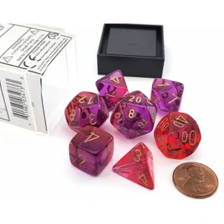 Polyhedral 7-Die Set, Gemini - Translucent Red-Violet with Gold Numbers - Your Source for Gaming Essentials Cheap