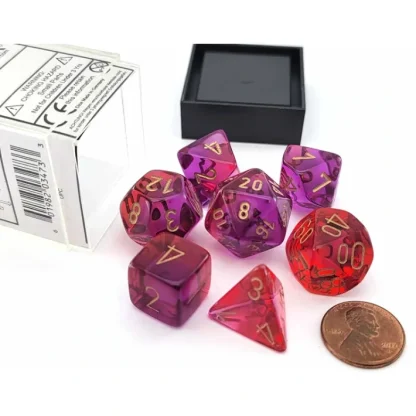 Polyhedral 7-Die Set, Gemini - Translucent Red-Violet with Gold Numbers - Your Source for Gaming Essentials Cheap